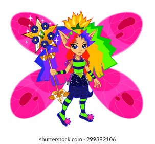 Brightly colored rainbow fairy on the white background.