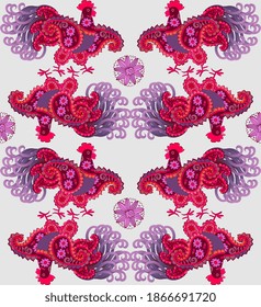 The brightly colored roosters are bully with paisley wings on a light lilac background. Seamless ornament.