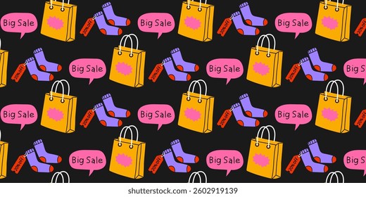 Brightly colored sale pattern featuring socks and shopping bags on a black background