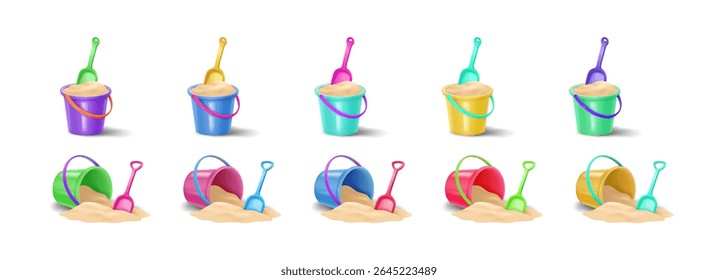 Brightly colored sand buckets with matching shovels on a white background. Some buckets are upright filled with sand while others are overturned spilling sand onto the ground.