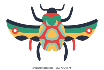 Brightly colored scarab beetle illustration with open wings, showcasing a vibrant and stylized design with red, green, yellow, and blue patterns, perfect for nature inspired projects