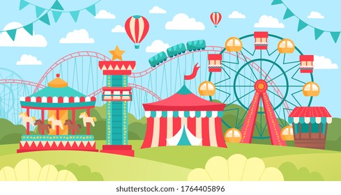 Brightly colored scene in an amusement park or fairground with ferris wheel, carousel and marquis on a sunny day, colored vector illustration