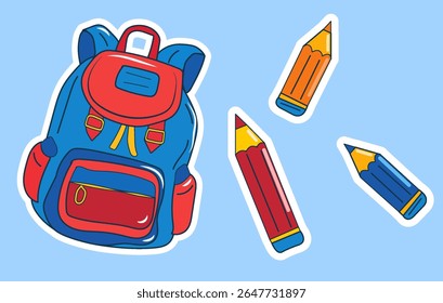 Mochila escolar de cores brilhantes se senta contra um fundo azul, acompanhado por adesivos alegres e lápis coloridos. Esta ilustração brincalhona captura a essência do aprendizado e da criatividade