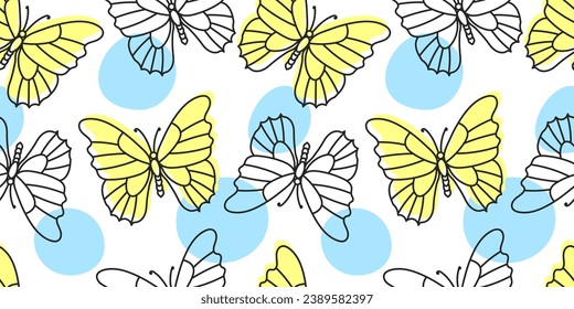 Brightly colored seamless butterfly pattern in linear style. Autumn, spring background. Seamless background of linear butterflies on brightly colored spots. Vector seamless wallpaper, minimalistic des