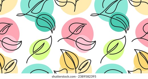 Patrón de hojas sin soldadura de colores brillantes en un dibujo manual de estilo lineal. Otoño, fondo de primavera. El verde veraniego deja el fondo sin costura. Papel tapiz floral vectorial, diseño botánico para tela
