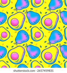 Un patrón de aguacates de colores brillantes y sin fisuras. Los aguacates están representados de una manera estilizada y pop-art con tonos azules y magenta vibrantes sobre un fondo amarillo vívido.
