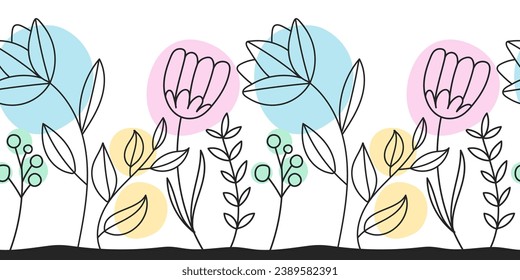 Patrón de flores de colores vivos y sin costura en un estilo lineal. Otoño, fondo de primavera. Borde de fondo de colores lineales en puntos de colores brillantes. Papel de pared sin fisuras vectorial, minimalista 