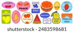 A brightly colored set of stickers with fruit. Fruit stickers for supermarkets, stores. Strawberry, blueberry, apple, banana, citrus, lemon, natural, tropical. Trendy retro design.