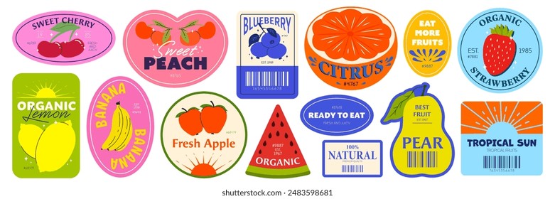 A brightly colored set of stickers with fruit. Fruit stickers for supermarkets, stores. Strawberry, blueberry, apple, banana, citrus, lemon, natural, tropical. Trendy retro design.