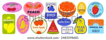 A brightly colored set of stickers with fruit. Fruit stickers for supermarkets, stores. Strawberry, blueberry, apple, banana, citrus, lemon, natural, tropical. Trendy retro design.