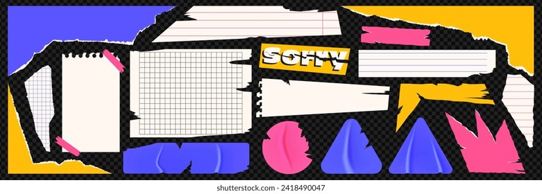 A brightly colored set of torn paper. Notebook sheets, stickers with realistic texture. Paper clippings for collage and scrapbooking. Contemporary vector design.