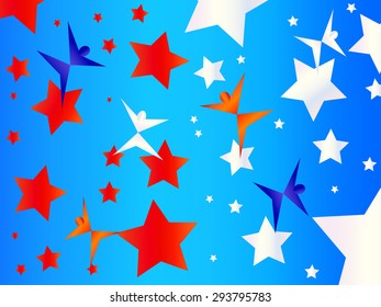 Brightly Colored Silhouettes Dance Across a Red White and Blue Starry Sky, American Themed Background