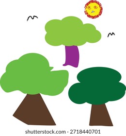 El dibujo de dibujos animados simples de colores brillantes representa un caprichoso escenario al aire libre con tres árboles estilizados con diferentes tonos de follaje verde y troncos de diferentes colores bajo un curioso sol sonriente con Pequeños pájaros ondulados negros volando cerca contra un fondo blanco limpio perfecto para proyectos de ilustración infantil.