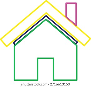Um desenho de casa simplificado e de cores brilhantes, com uma chaminé e um telhado clássico.