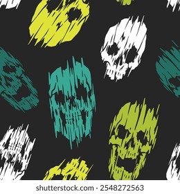 Brightly colored skulls in teal yellow white and green are arranged on a dark background creating a striking and edgy design perfect for various creative uses.