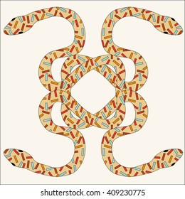 Brightly colored snakes entwine in a tangle. Vector illustration of ornate serpent animal