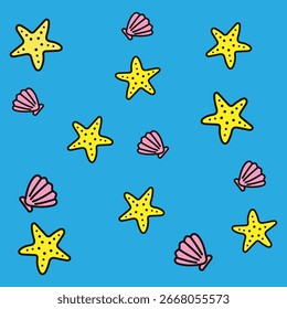 Brightly colored starfish and seashells scattered on a vibrant blue background during summer season