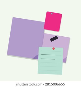Brightly colored stationery set including a purple notebook, green lined paper, pink sticky note, and black pen on a flat surface.