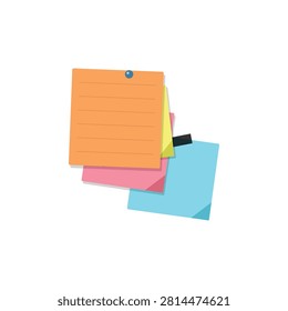 Brightly colored sticky notes pinned together in a playful, stacked arrangement with a blue thumbtack.