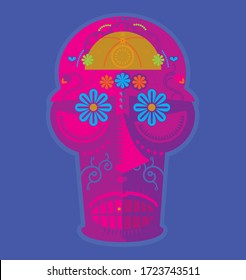 Brightly colored sugar skull in pink and purple