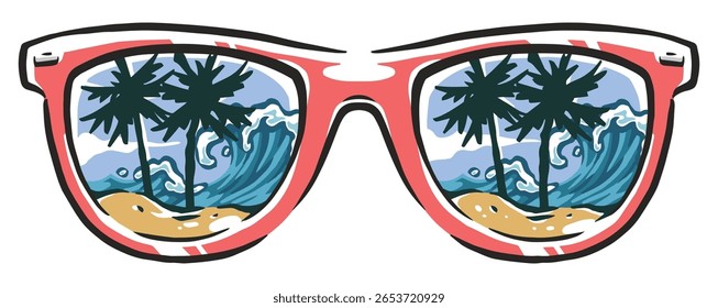 Óculos de sol de cores brilhantes exibem uma vista animada de uma praia tropical com palmeiras e ondas quebrando. As reflexões vibrantes criam uma sensação de aventura e relaxamento.