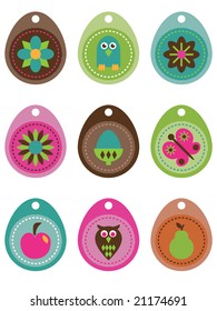 brightly colored tags with nature elements