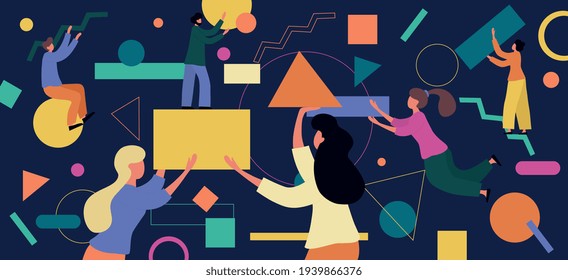 Trabajo en equipo de colores intensos, trabajo en equipo, asociación empresarial o concepto analítico con un grupo de personas diversas trabajando en equipo utilizando formas geométricas, ilustración de vector plana de color