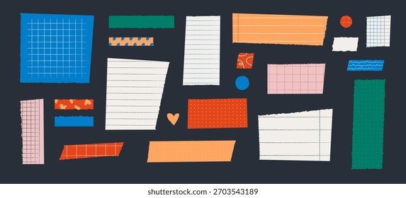 Brightly colored torn paper set. Idial for collage and scrapbooking. Notebook sheets and scraps of a notebook page and stickers. Modern vector illustration.