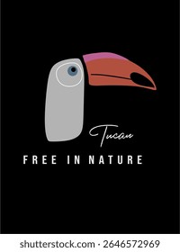 Tucano de cor clara empoleirado entre folhagem tropical. Excelente para roupas de impressão sob demanda, embalagens ecológicas e mercadorias de verão.