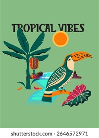 Tucano de cor clara empoleirado entre folhagem tropical. Excelente para roupas de impressão sob demanda, embalagens ecológicas e mercadorias de verão.