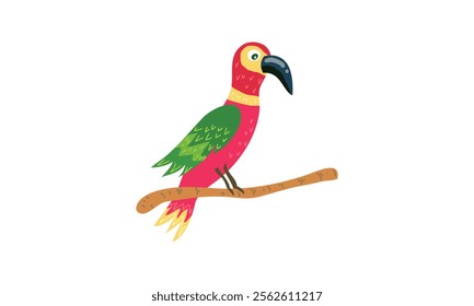 Brightly colored tropical bird with green, red, and yellow feathers, perched on a branch, perfect for nature-themed designs.