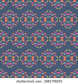 Brightly colored vector seamless abstract art repeat pattern with geometric shapes in pink and orange on navy blue
