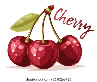 Brightly colored vector shows three cherries with a glossy finish and a green leaf. Ideal for food-related graphics, menus, and healthy lifestyle themes in various projects