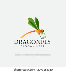 The brightly colored winged dragonfly logo carries a sheet of paper. dragonfly vector logo, symbol, icon, dragonfly illustration, mascot, business logo