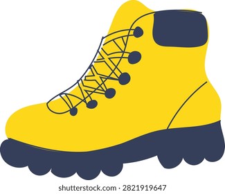 A brightly colored yellow hiking boot with a sturdy dark blue sole and matching laces, designed for outdoor adventures and rugged terrain.