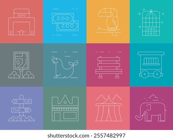 Brightly colored zoo icons featuring various animals and wildlife