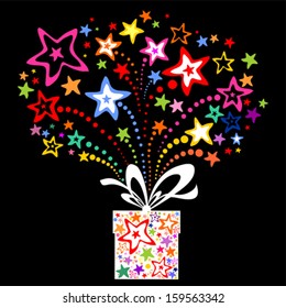 Brightly colorful firework and gift boxes. Celebration black background with place for your text. Vector Illustration 