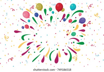 Brightly Colorful Fireworks and balloons on white background. Festive balloons background with firework. Space for text. colorful firework and place for your text. vector, illustration.
