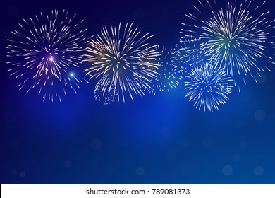 Brightly Colorful Fireworks and blue smoke from firework on twilight background