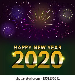 Brightly Colorful Fireworks celebration on twilight colorful fireworks vector with greeting Happy new year 2020 on dark blue  purple background with sparking bokehs and star.