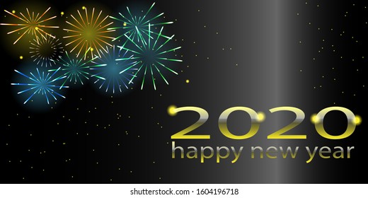 Brightly Colorful Fireworks celebration on twilight colorful fireworks vector with greeting Happy new year 2020 on dark  background 