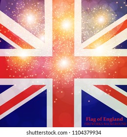 Brightly Colorful Fireworks. Holiday fireworks background. Illustration of Fireworks with flag of England. Vector illustration.