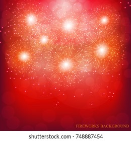 Brightly Colorful Fireworks. Holiday fireworks background. Red vector illustration of Fireworks.