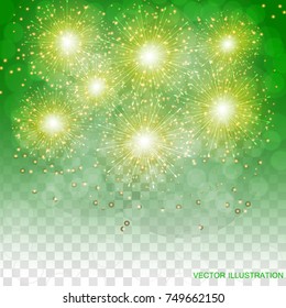 Brightly Colorful Fireworks. Holiday fireworks background. Transparent green illustration of Fireworks.