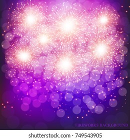 Brightly Colorful Fireworks. Lilac vector illustration .
