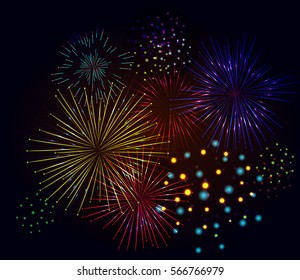 Brightly Colorful Fireworks on black background. Vector illustration

