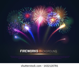 Brightly colorful fireworks on twilight background with free space for text. Realistic fireworks explosion and shining sparks. Pyrotechnics show vector illustration. Celebration and anniversary symbol