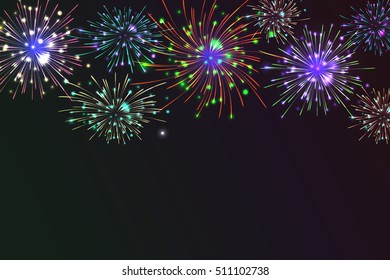 Brightly Colorful Fireworks on twilight background. Vector illustration for your graphic design