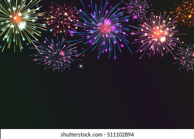 Brightly Colorful Fireworks on twilight background. Vector illustration for your graphic design