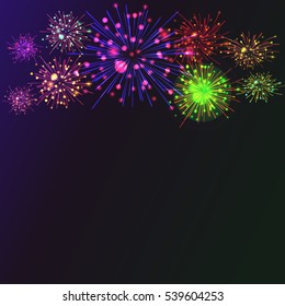 Brightly Colorful Fireworks on twilight background. Vector illustration for your graphic design